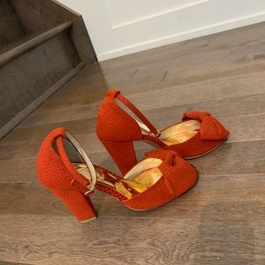 Vintage Style Burnt Orange Bow Heels - Rust Red Peep Toe Pumps - Size 6